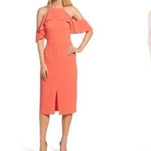 MAGGY LONDON Cold Shoulder Ruffle Midi Sheath